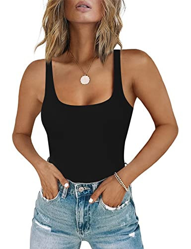 Chunpin Women's Square Neck Sleeveless Bodysuit Double Lined Tops Thong Bodysuit Black L | Amazon (US)