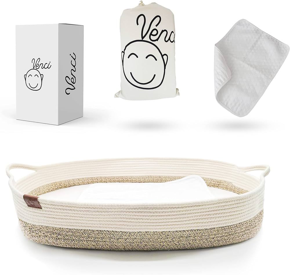 Baby Changing Basket for Dresser Top - 29.5 x 17 x 6 in, Organic Cotton Rope and Thick Removable ... | Amazon (US)