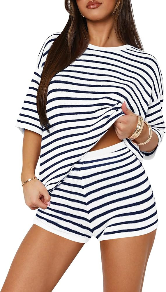 Yousify 2 Piece Sweater Set for Womens Summer Short Sleeve Tops Striped Matching Shorts Lounge Se... | Amazon (US)