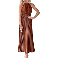 PRETTYGARDEN Women's Long Sun Dresses Sleeveless Halter Neck Flowy Pleated Maxi Cocktail Party Dr... | Amazon (US)