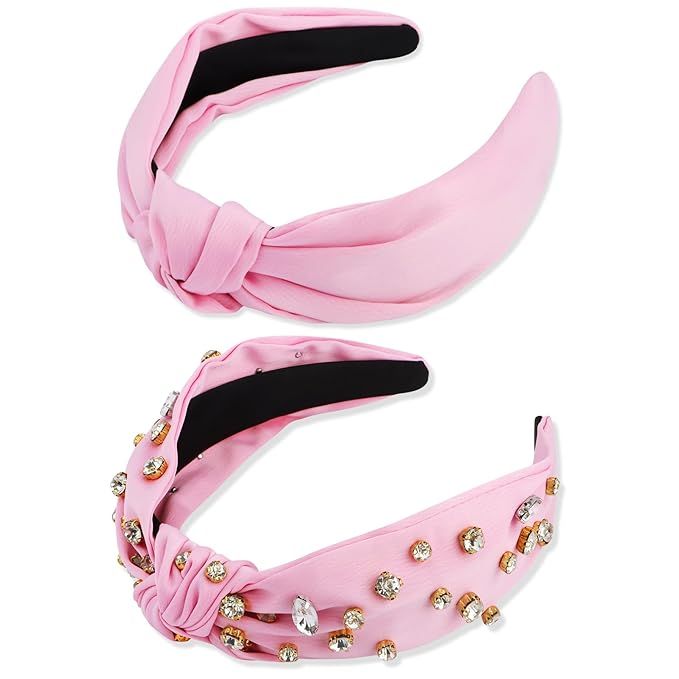 VELSCRUN 2PCS Pink Knotted Headbands for Women Girls Silk Satin Wide Headband Rhinestone Head Ban... | Amazon (US)