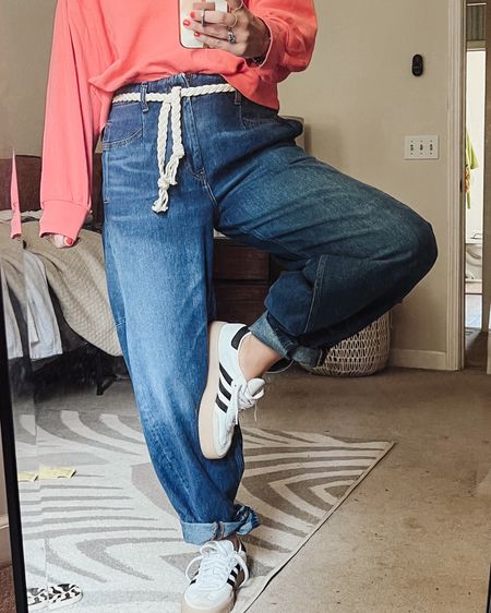Barrel jeans | wide leg jeans | free people dupe | Anthropologie | pilcro jeans #momfashion #momoutfit #adidas  mom style #over45 #casual style #highandlow

#LTKstyletip #LTKmidsize #LTKover40