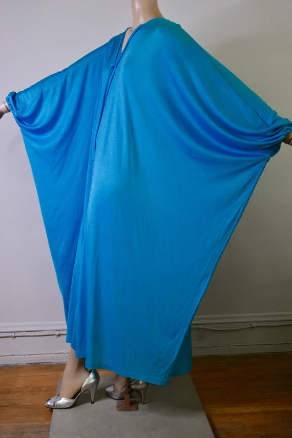 vintage 70s dress, vintage caftan, vintage kaftan, turquoise dress, jersey dress, maxi dress, sli... | Etsy (US)