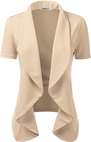 DOUBLJU Casual Draped Ruffles Blazer Short Sleeve Basic Open Front Cardigan Jacket for Womens wit... | Amazon (US)