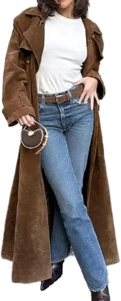 Mywinway Suede Trench Coat Women 2024 Fall Winter Y2k Long Pea Coat Faux Leather Double Breasted ... | Amazon (US)