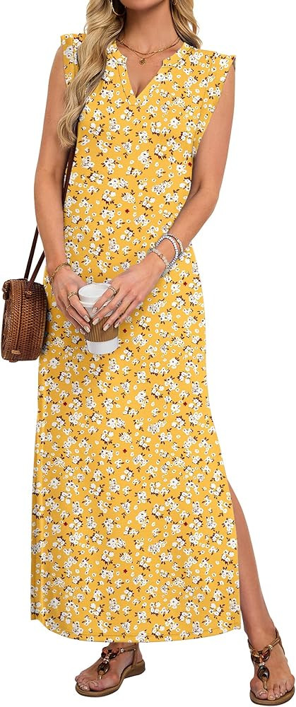 AUSELILY Women's V Neck Maxi Dresses, Straight-Cut Wrinkle-Free, Summer Split Sleeveless Vacation... | Amazon (US)