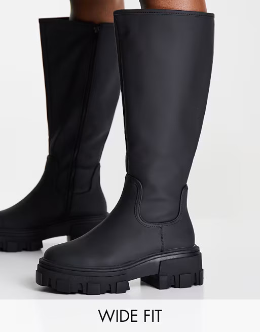 ASOS DESIGN Wide Fit Carla chunky flat boots in black | ASOS | ASOS (Global)