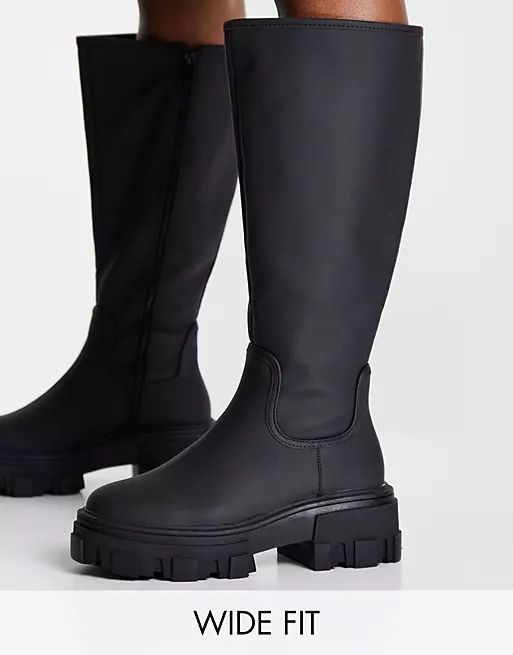 ASOS DESIGN Wide Fit Carla chunky flat boots in black | ASOS (Global)