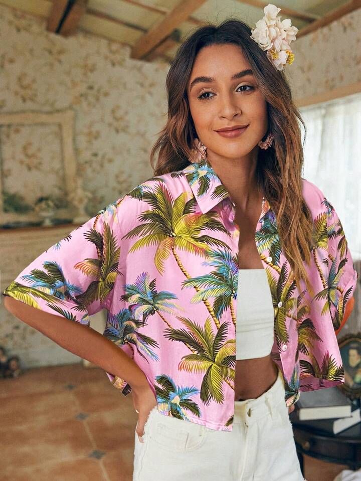 SHEIN Essnce Coconut Tree Print Button-Front Short Sleeve Summer Vacation Shirt | SHEIN