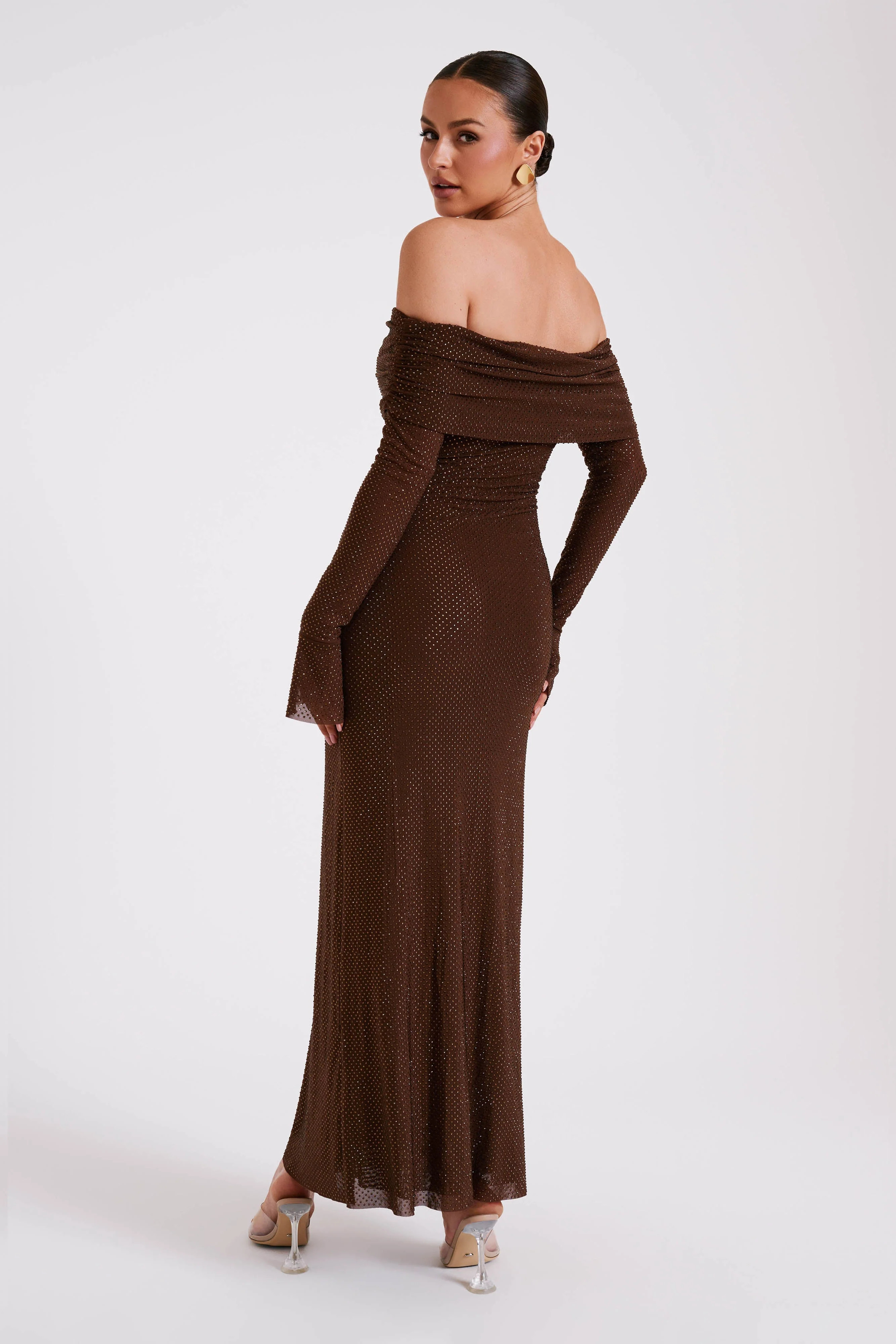 Marcel Off Shoulder Diamante Maxi Dress - Chocolate | Meshki UK