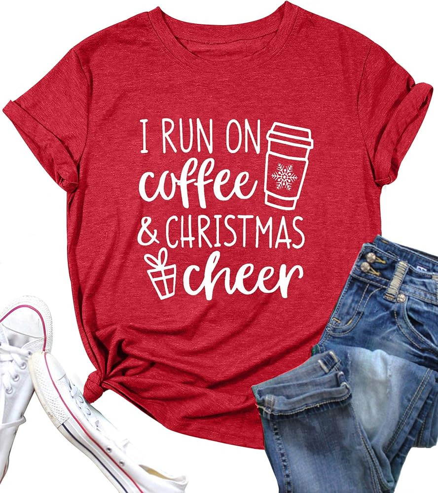 I Run On Coffee & Christmas Cheer Shirt Women Graphic Printed Casual Short Sleeve Top Xmas Holida... | Amazon (US)