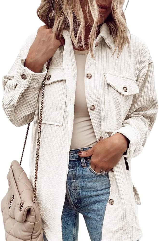 Womens Corduroy Button Down Shacket Casual Long Sleeve Chest Pocketed Shirt Jacket | Amazon (US)