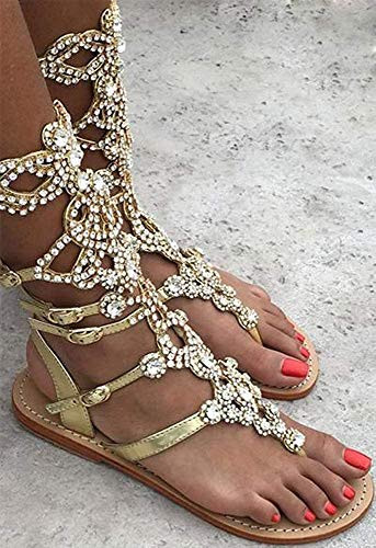 Hinyyrin Women's Rhinestone Sandals Gold Gladiator Sandals Summer Flat Dress Sandals Beach Wedding Banquet Size 9 | Amazon (US)
