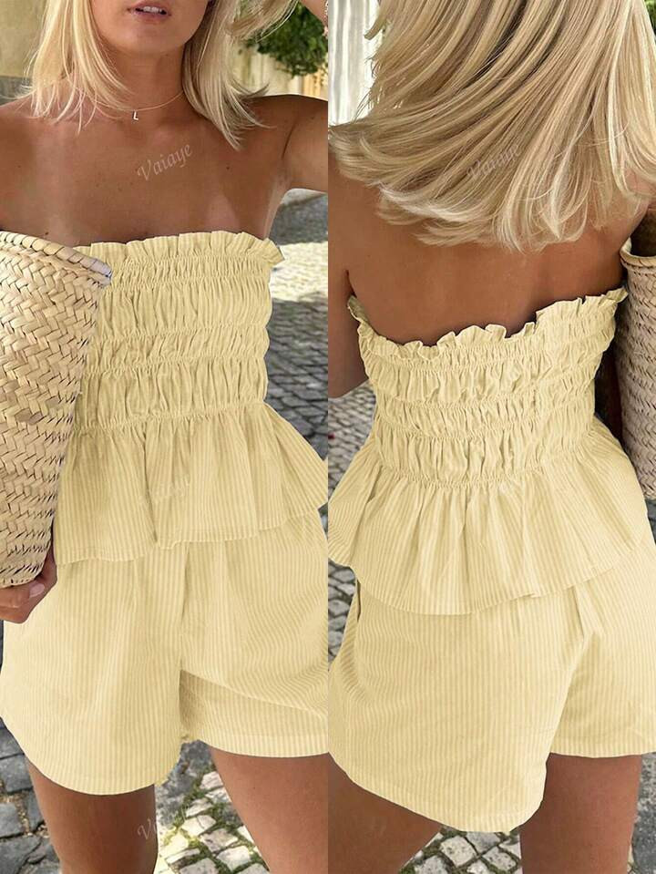 Women's Summer Hawaii Boho Tropical Beach Vacation Outfits 2Pecs-One Shoulder Striped Fungus Edge Summer Minimalist Everyday Bandeau Top And Shorts Set,Suitable For Date, Afternoon Tea, Holiday, Music Festival | SHEIN