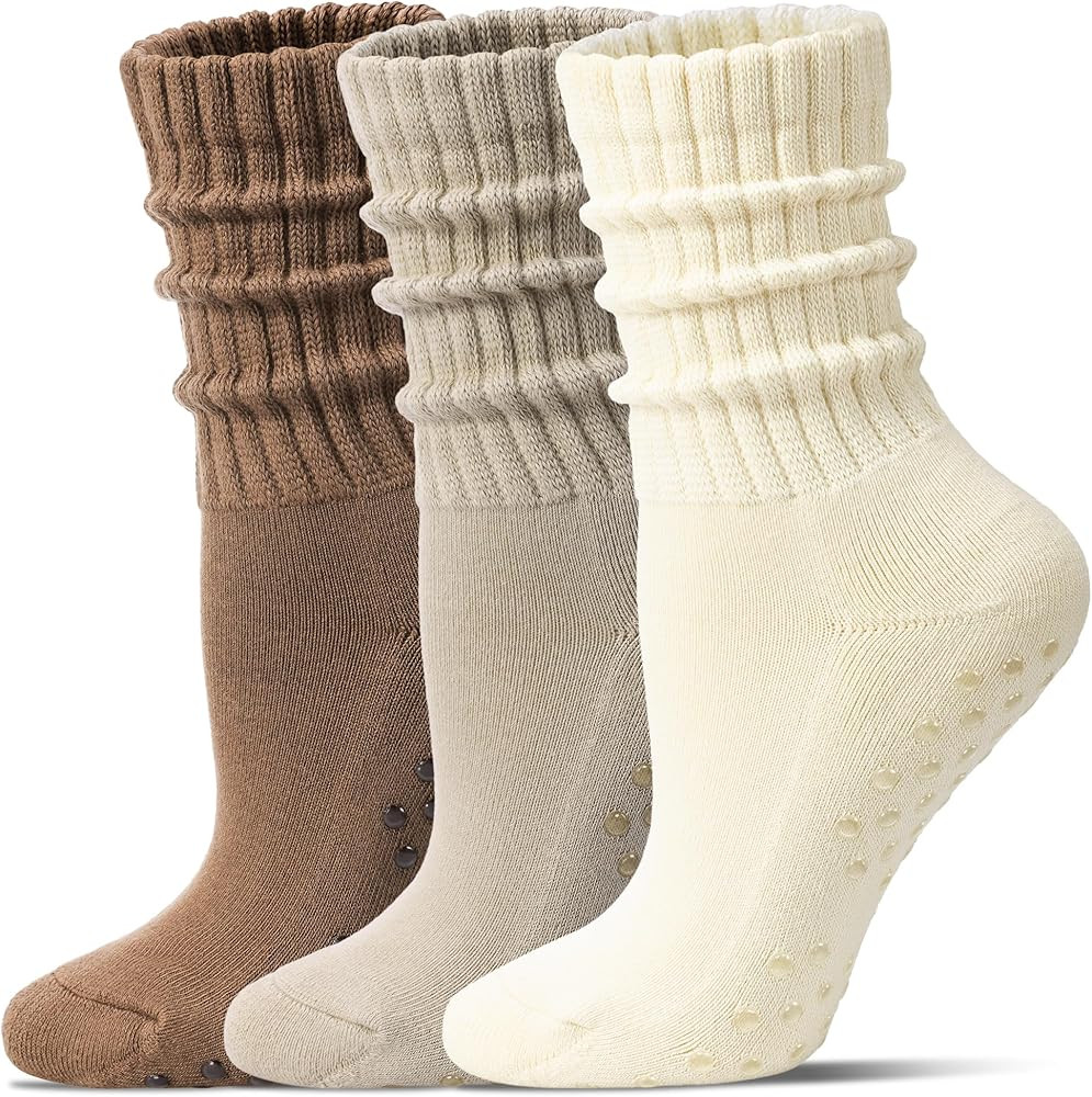 Pilates Socks for Women Mid Calf Slouch Yoga Socks with Non Slip Grippers for Barre Boot Sock 3 P... | Amazon (US)