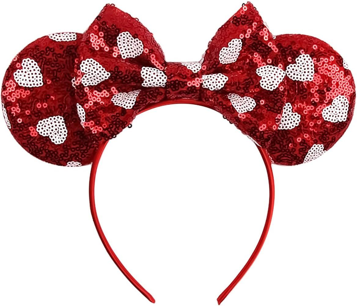 Mouse Ears Headbands Glitter Bow Valentines Day Headband Red Sequin Hair Band with Heart Patterns... | Amazon (US)