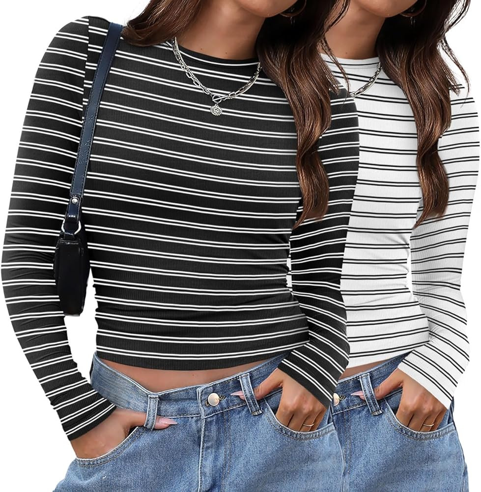 XIEERDUO Women's Long Sleeve Crew Neck Slim Fit T Shirts 2024 Y2k Clothes Basic Going Out Tops 3 ... | Amazon (US)