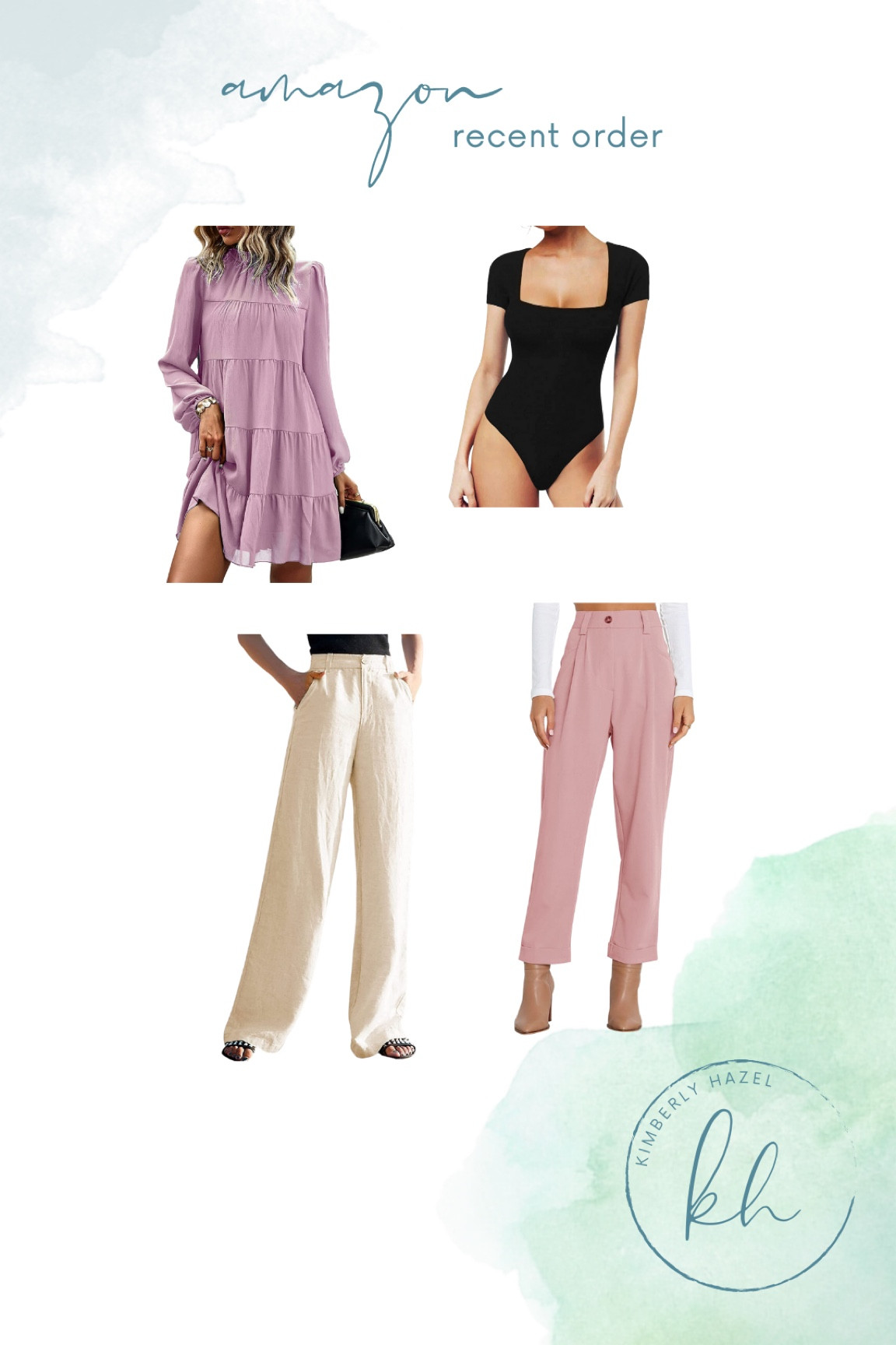 Recent Amazon order! 
Pink ruffle dress
Black short sleeve bodysuit 
Linen pants- apricot
Ankle trousers - pink

#LTKFind #LTKunder50