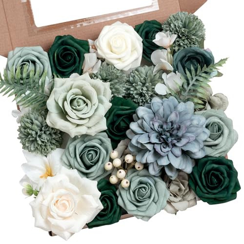 SWNAWE Green Flowers Artificial Roses Combo Set Fake Green Silk Flowers Faux Flowers Mix Dahlia Chrysanthemum with Stems for Wedding Bouquets Baby Bridal Shower Party St Patrick’s Day Decor | Amazon (US)