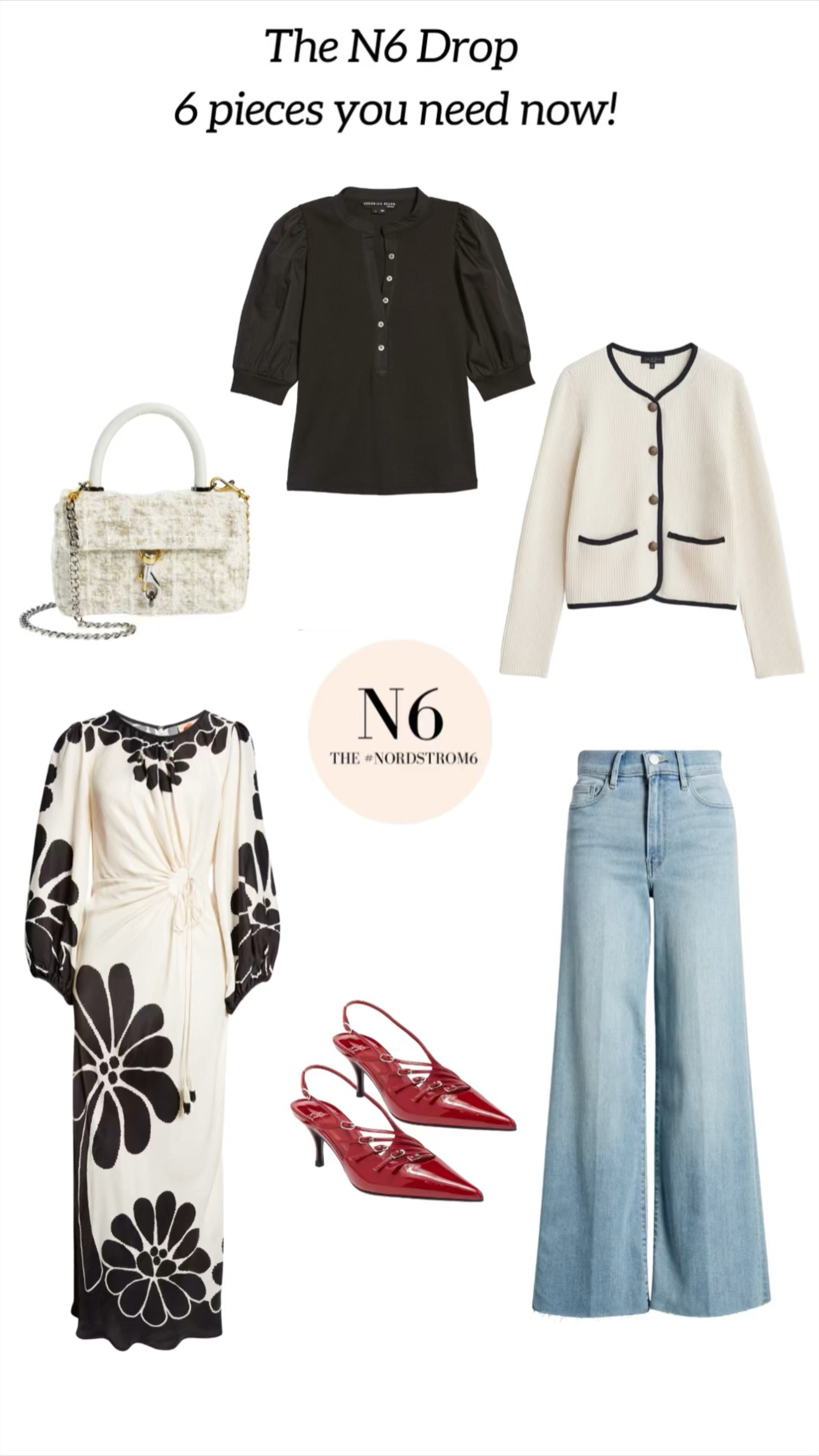 The February N6 drop is here. 
1. Coralee top runs tts. I wear my white version all the time. 
2. Sweater/coat runs tts.  
It looks great. 
3. The dress runs a little roomy, but tts.
4. The shoes run small; I recommend going up a half size. 
5. The pants fit well! If between sizes, go down a size. 
6. Top-handle bags are trending. It's so cute and holds a phone and a small wallet. 

Let me know if you have questions! 😊