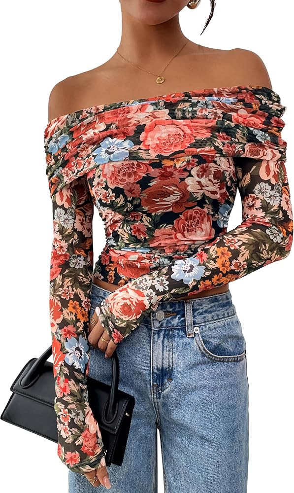 PRETTYGARDEN Women's Fall Tops 2025 Off The Shoulder Long Sleeve Fitted Y2k Shirts Floral Ruched ... | Amazon (US)