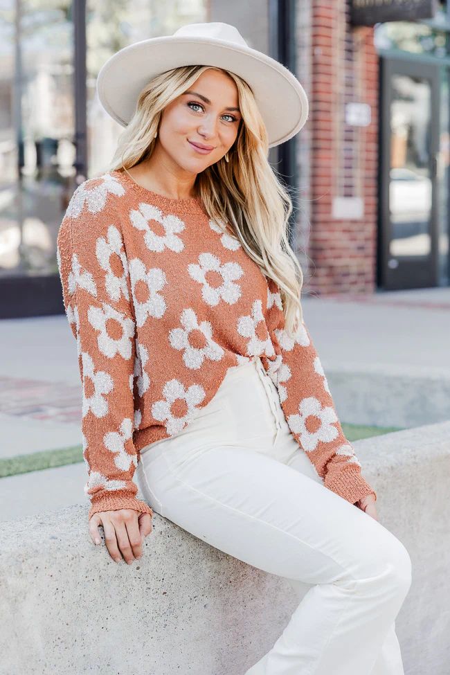Stay Kind Camel Flower Sweater | Pink Lily