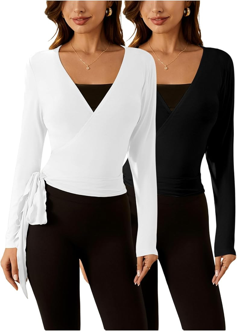 SweatyRocks Women's 2 Pack Yoga Shirts Wrap Ruched Tie Front Long Sleeve Workout T Shirts | Amazon (US)