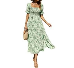 Zuimoaes Women's Summer Bohemian Floral Smocked Square Neck Puff Sleeve Casual Split Beach Vacati... | Amazon (US)