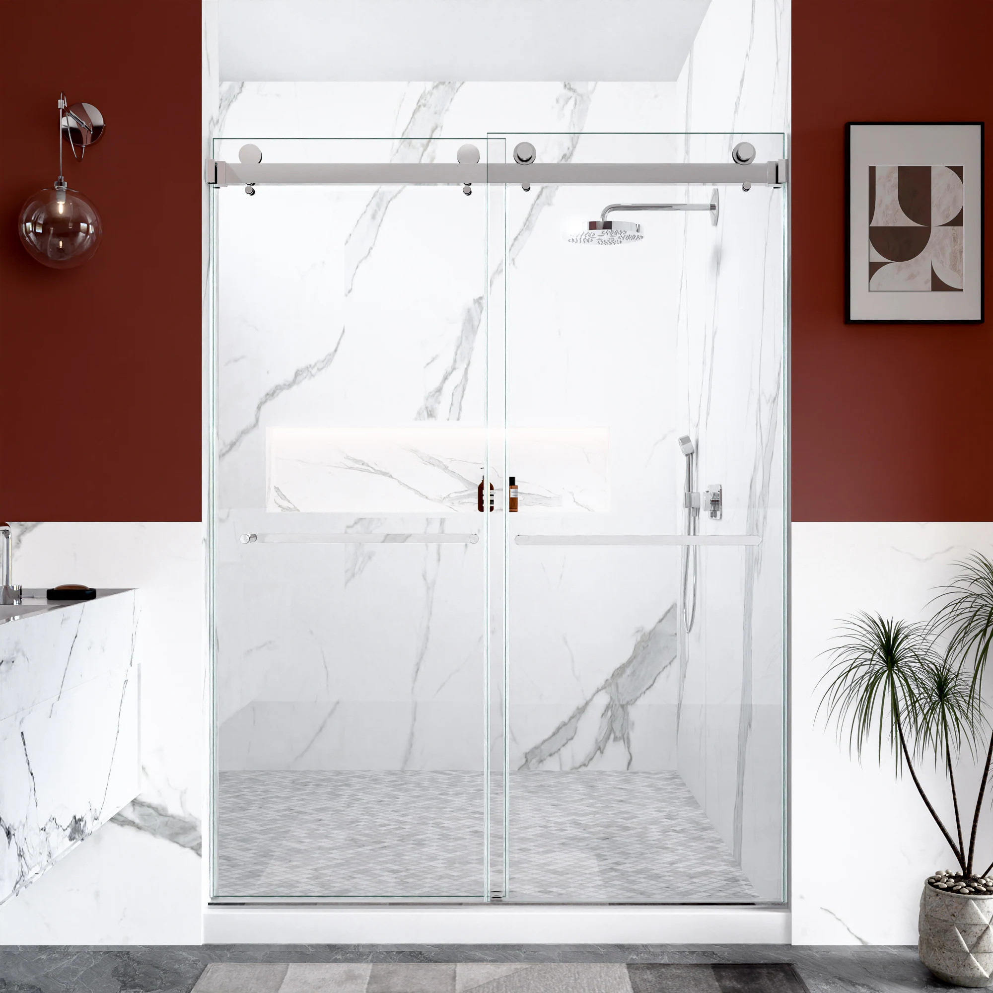Forclover Frameless Sliding Shower Door Chrome 56-in to 60-in W x 80-in H Frameless Clear Glass Bypass Sliding Shower door Stainless Steel one_size | Lowe's