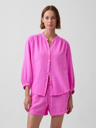 Cotton Gauze Oversized Collarless Shirt | Gap (US)