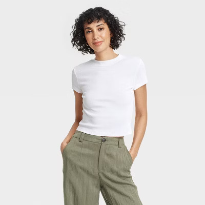 Women's Slim Fit Short Sleeve Cropped Ribbed T-Shirt - A New Day™ White S: Cotton Modal Blend, ... | Target