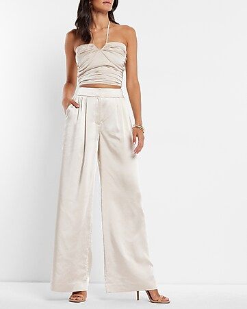 Two Piece Set: Satin Ruched Halter Neck Tank + Pleated Wide Leg Pant | Express