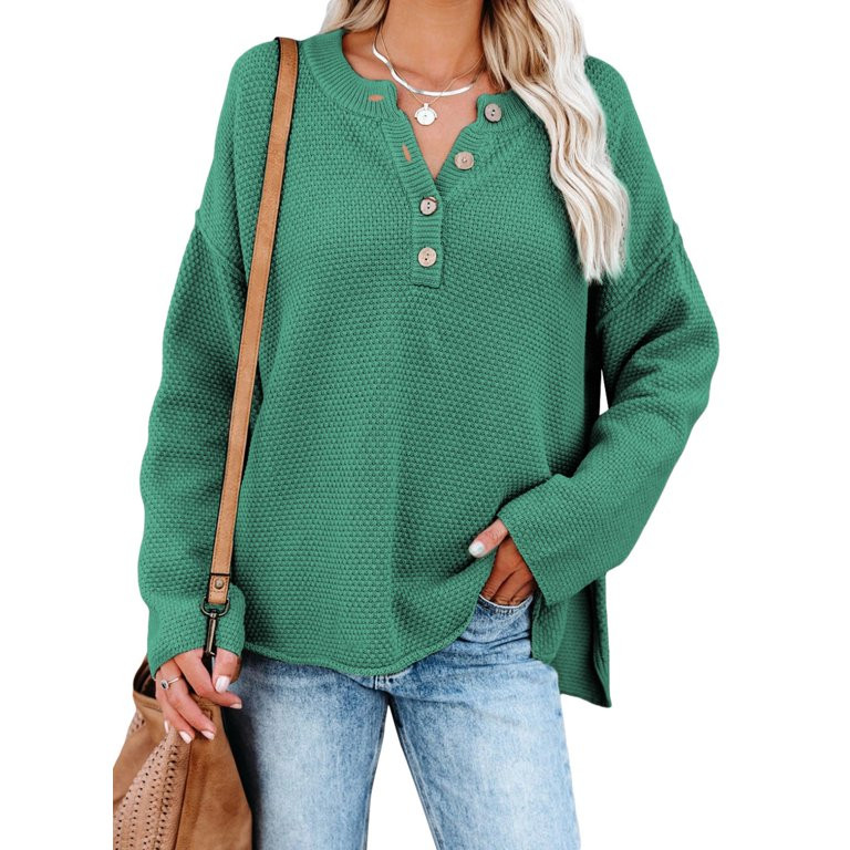 Aleumdr Henley Sweaters for Women V Neck Long Sleeve Oversized Pullover Jumper for Winter Beige X... | Walmart (US)