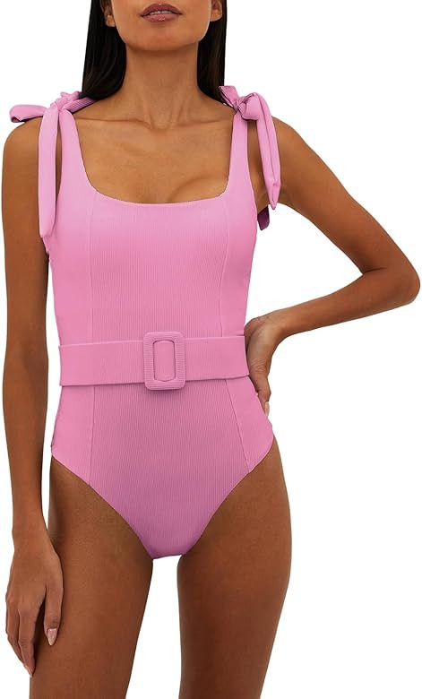 Saodimallsu Womens Sexy One Piece Bathing Suit High Cut Knit Square Neck Tied Strappy Swimsuit wi... | Amazon (US)