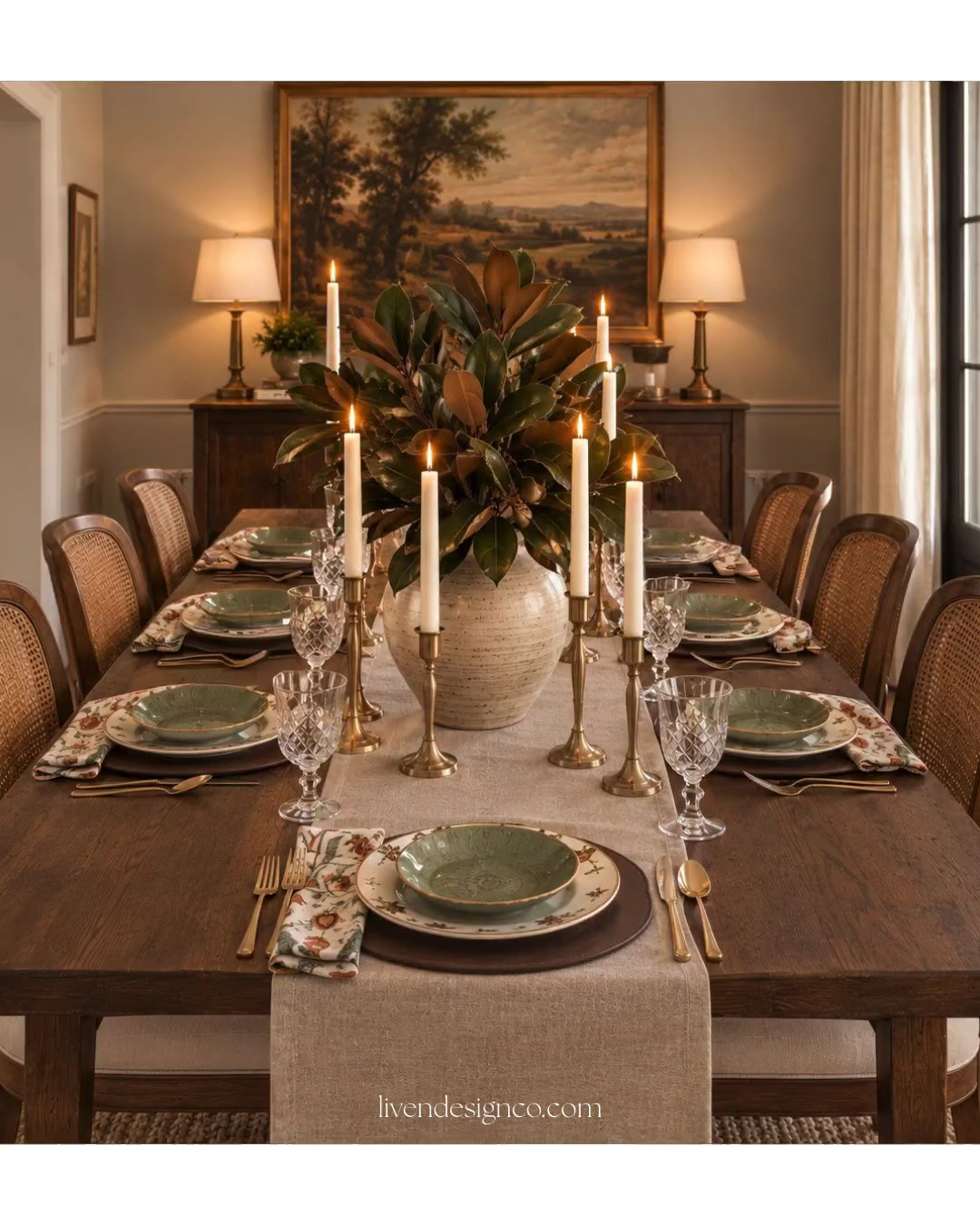 Thanksgiving table setting. Fall dining. Brass candlesticks. Dinnerware. Floral fall napkins. Leather placemats. Table runner. Autumn decor. Magnolia leaf stems. Ceramic vase. Dining chairs. Champagne flatware 

#LTKSeasonal #LTKHome #LTKSaleAlert
