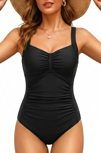 Tempt Me Women Black Ruched Slimming One Piece Swimsuits Tummy Control Vintage Bathing Suits L | Amazon (US)