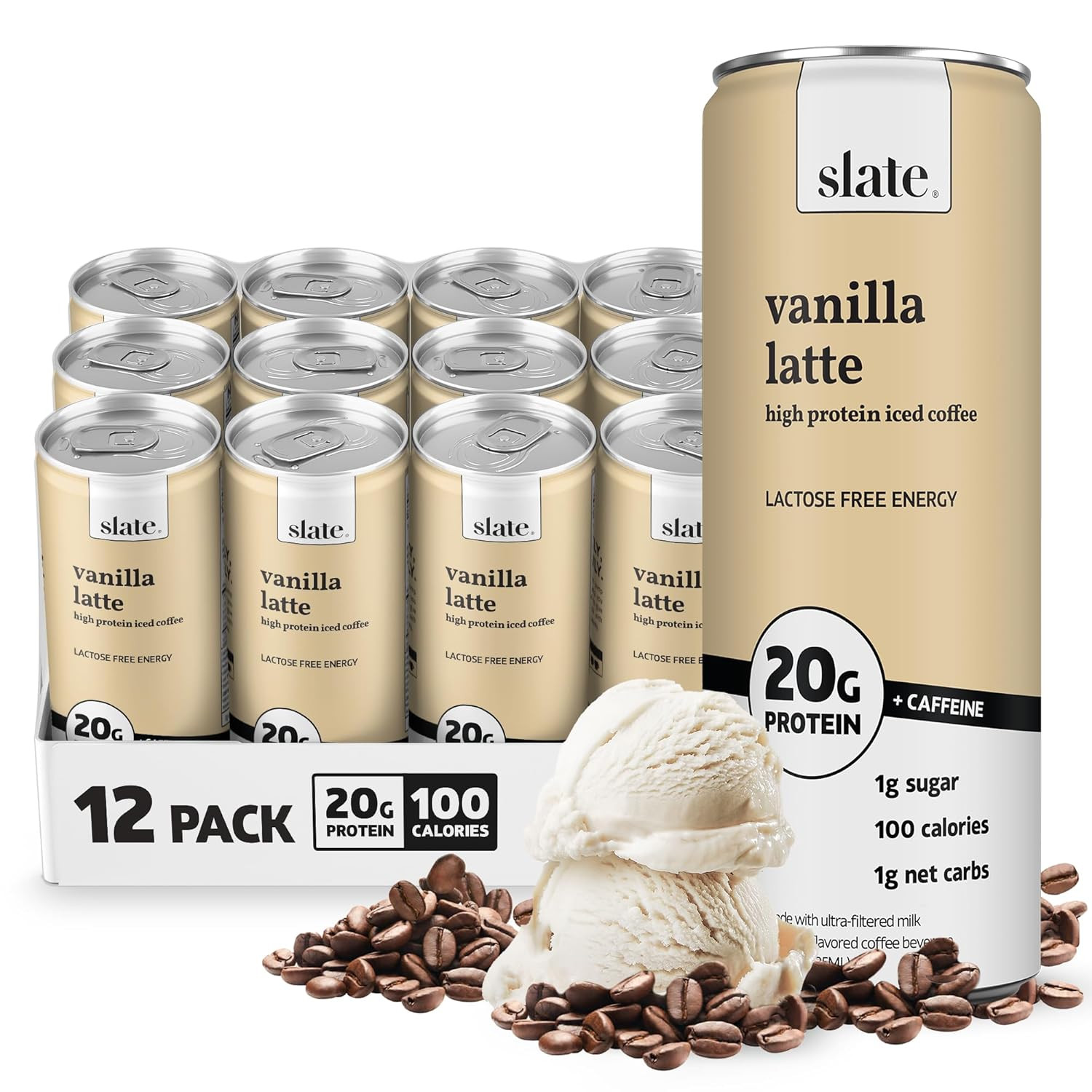 Slate Milk - High Protein Iced Coffee - Vanilla Latte - 175mg Caffeine, Lactose Free Energy - 20g Protein, 1g Sugar, 100 Calories, 1g Net Carbs, No Sugar Added - Protein Coffee - 11 fl oz, 12 Cans | Amazon (US)