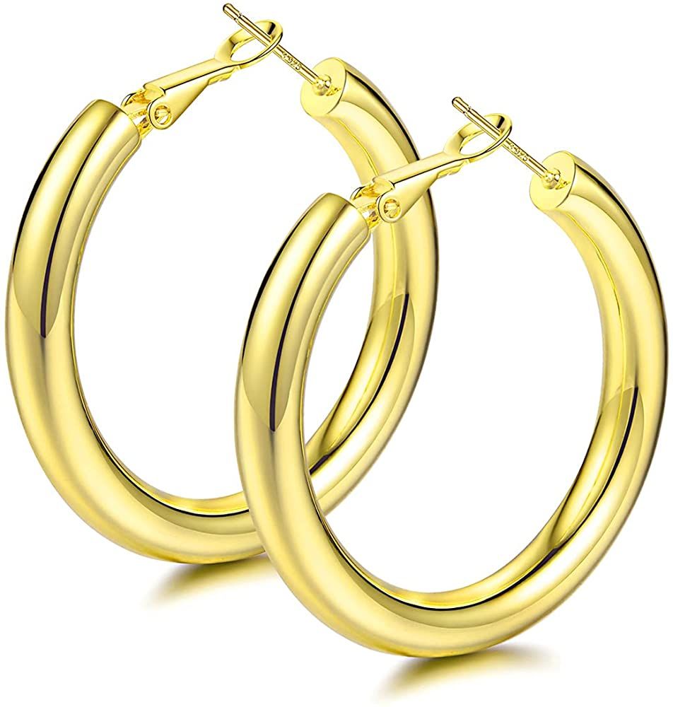 Chunky Gold Hoop Earrings 14K Gold Plated 925 Sterling Silver Post Thick Tube Hoops for Women And... | Amazon (US)