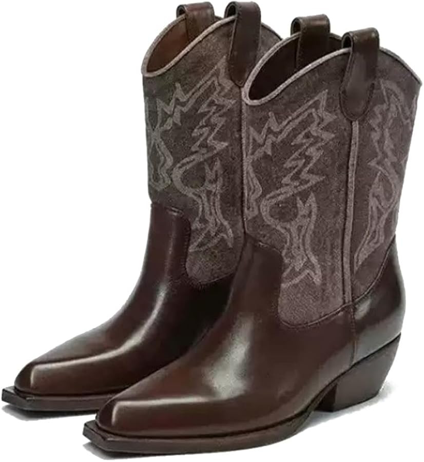 KISSQIQI Western Boots for Women Mid Calf， Chunky Heel Pointed Toe Cowboy Boots with Embroidery... | Amazon (US)
