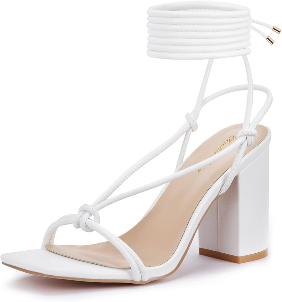 Elisabet Tang Women's Strappy Chunky Heels Sandals, 3 inch Low Block Heels Lace Up Ankle Wrap Hee... | Amazon (US)