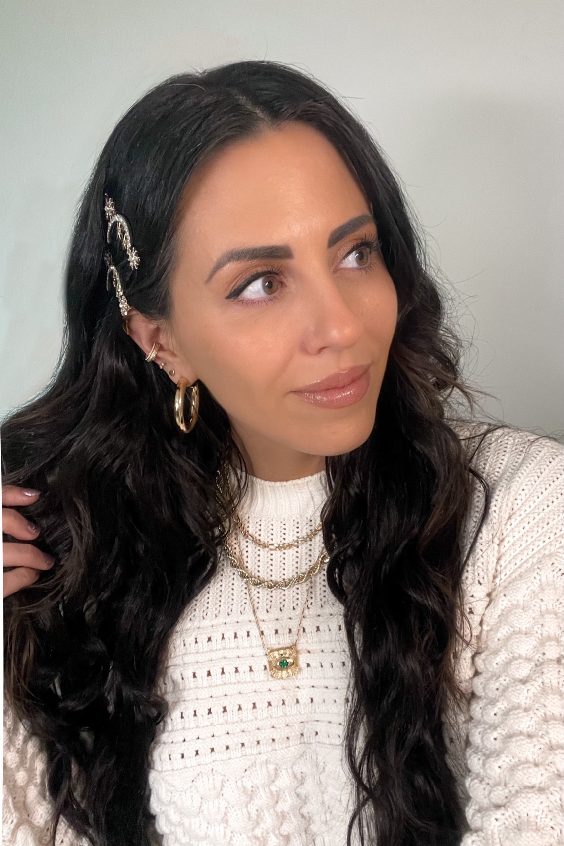 Cropped cream cardigan, gold layering jewelry, and crystal barrettes 

#LTKunder50 #LTKstyletip #LTKFind