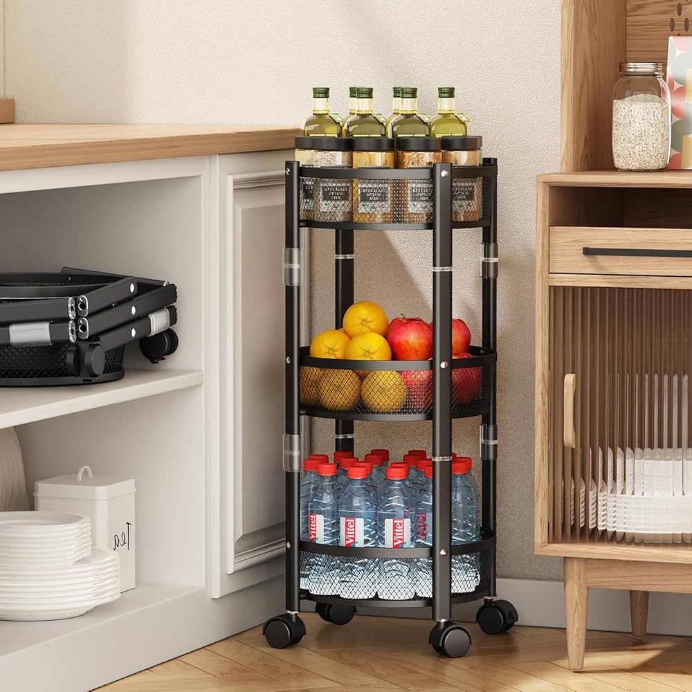 3 Tier Rolling Utility Cart with Wheels - Folding Storage Round Organizer Rack, Collapsible Snack... | Amazon (US)
