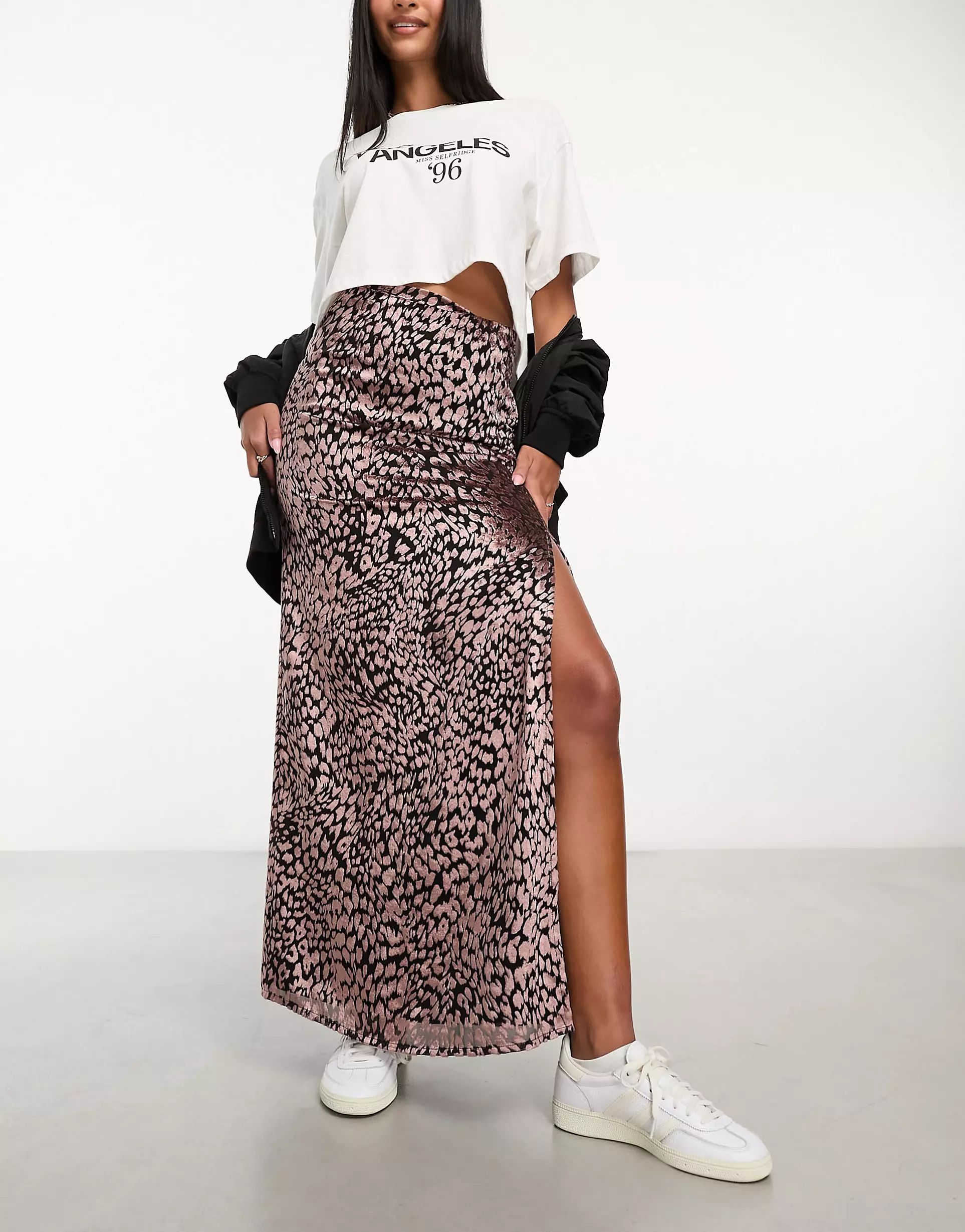 Miss Selfridge velvet devore maxi skirt in animal | ASOS (Global)