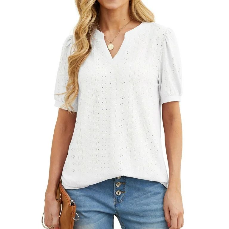 JWD Womens Shirts Casual V Neck Tshirts Puff Short Sleeve Summer Tops Tunic Blouses White L | Walmart (US)
