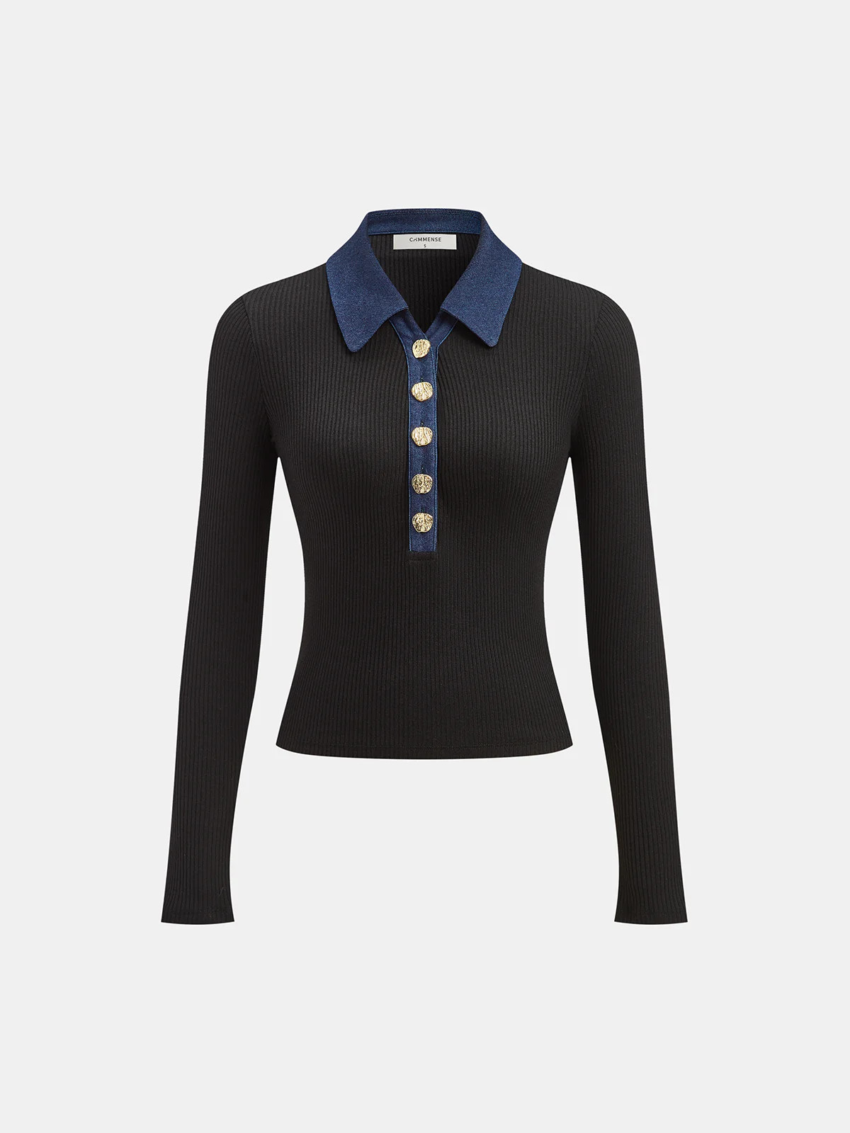Contrast Collar Metal Button Ribbed Knit T-Shirt | Commense