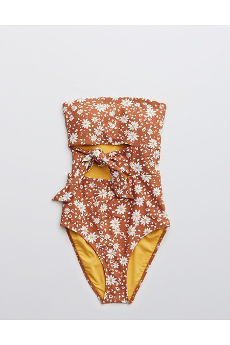 Aerie Printed Wrap Bandeau One Piece Swimsuit | American Eagle Outfitters (US & CA)