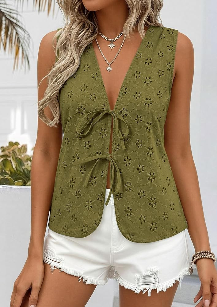 PRETTYGARDEN Women 2026 Summer Tie Front Eyelet Tank Tops Trendy Floral Vest Sleeveless V Neck Dr... | Amazon (US)