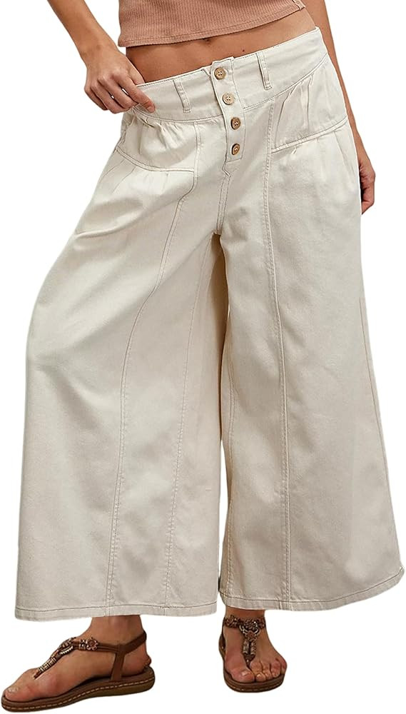 Lentta Women's Wide Leg Jeans Mid Rise Trousers Elastic Waist Button Pleated Demin Pants with Poc... | Amazon (US)