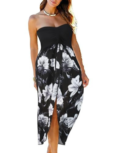 Strapless Dresses for Women Summer Sundress Casual Floral Beach Coverups Dress(Summer White Flower,M) | Amazon (US)