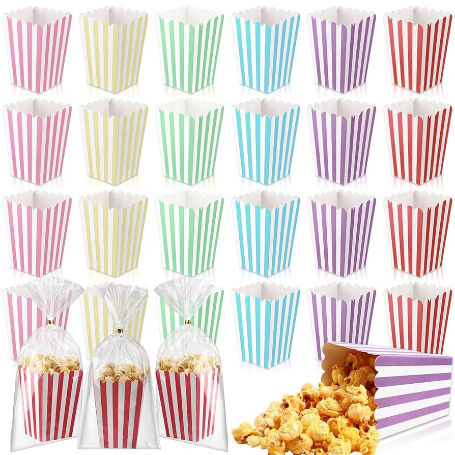Gueevin 24 Sets Mini Popcorn Boxes and Clear Treat Bag Set Pastel Stripes Snack Buckets with Clea... | Amazon (US)